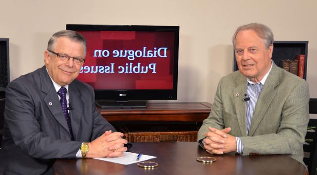 Campbellsville University’s John Chowning, vice president for church and external relations and executive assistant to the president of CU, right, interviews U.S. Congressman Ed Whitfield (R-Ky.), who represents the 1st Congressional District, for his “Dialogue on Public Issues” show. The show will air Sunday, Sept. 8 at 8 a.m.; Monday, Sept. 9 at 1:30 p.m. and 6:30 p.m.; and Wednesday, Sept. 11 at 1:30 p.m. and 6:30 p.m. The show is aired on Campbellsville’s cable channel 10 and is also aired on WLCU FM 88.7 at 8 a.m. and 6:30 p.m. Sunday, Sept. 8. (Campbellsville University Photo by Ye Wei “Vicky”)